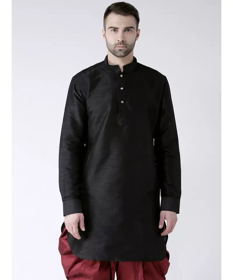 Solid Black Color Dupion Silk Pathani Kurta