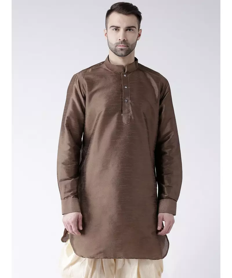 Solid Brown Color Dupion Silk Pathani Kurta