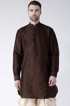 Solid Brown Color Dupion Silk Pathani Kurta
