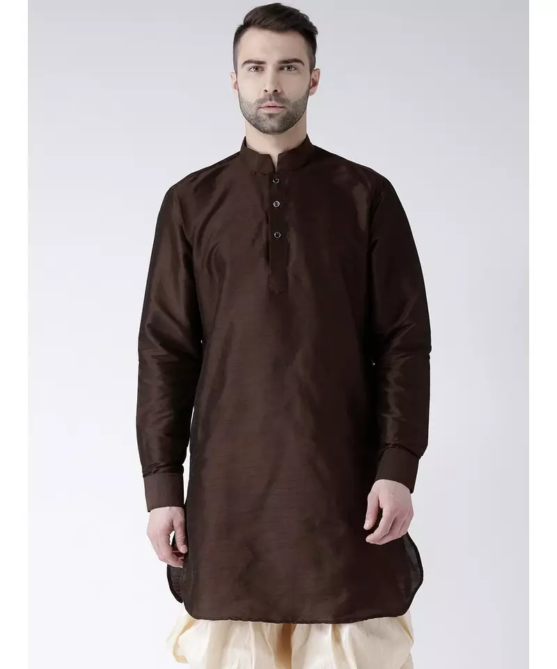 Solid Brown Color Dupion Silk Pathani Kurta