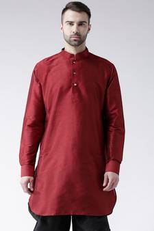 Solid Red Color Dupion Silk Pathani Kurta