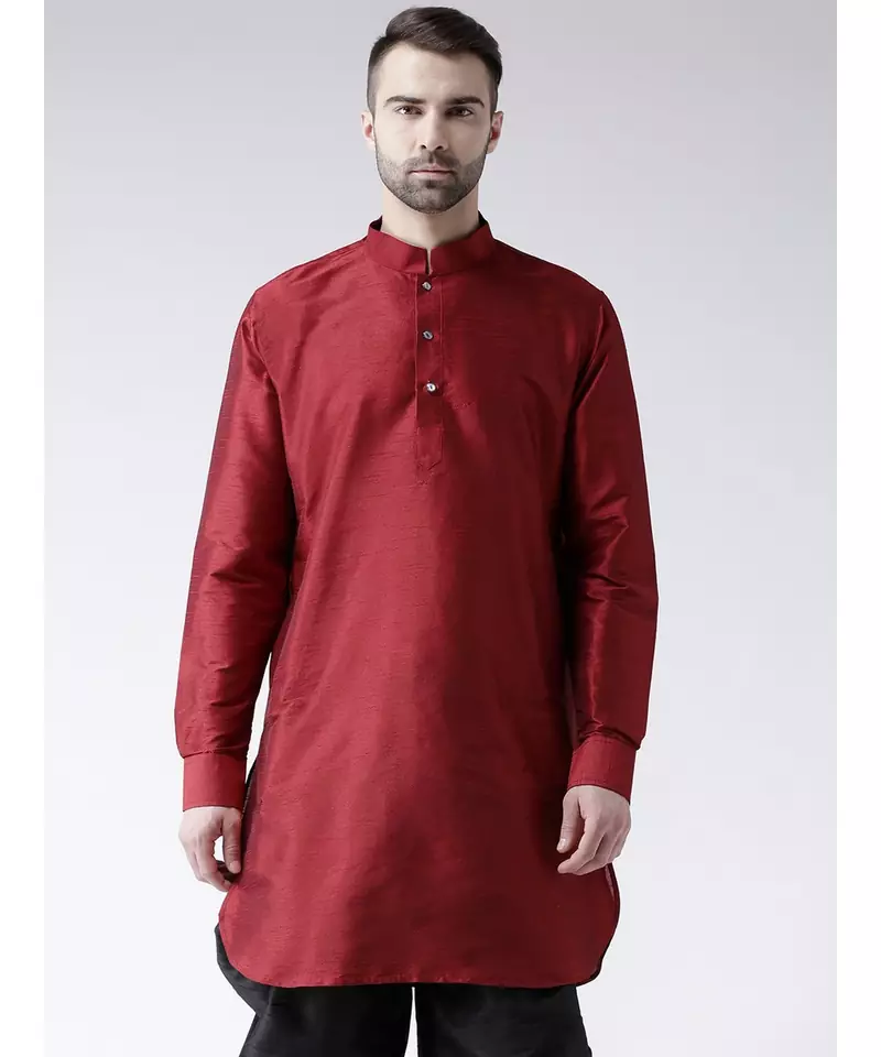 Solid Red Color Dupion Silk Pathani Kurta
