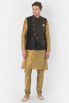 Printed Black & Brown Color Dupion Silk Jacket with Kurta Set