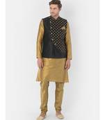 Printed Black & Brown Color Dupion Silk Jacket with Kurta Set