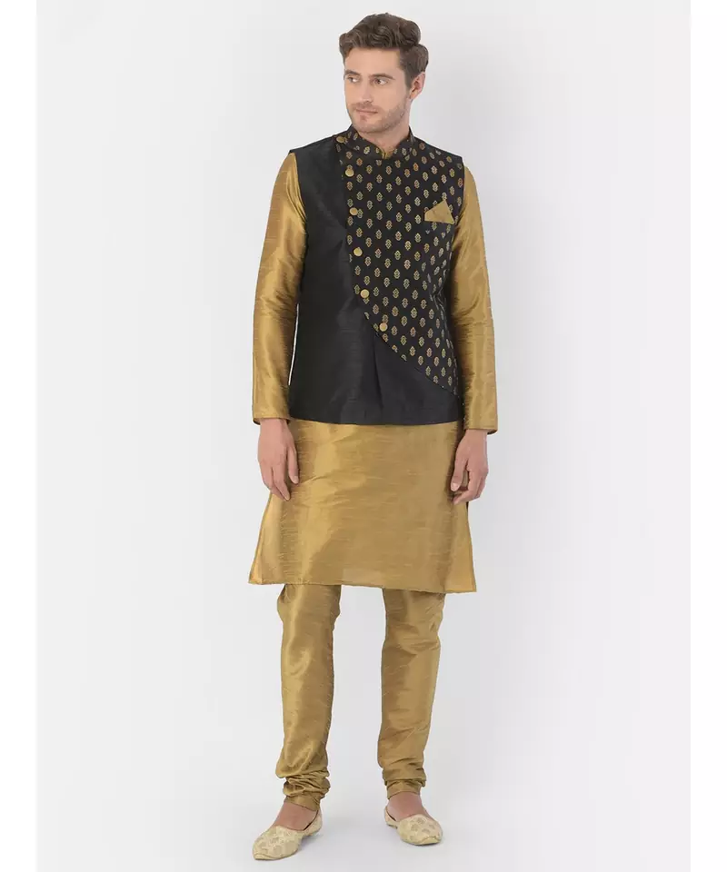 Printed Black & Brown Color Dupion Silk Jacket with Kurta Set