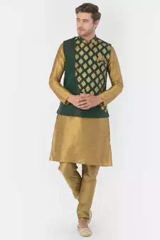 Printed Deep Green & Brown Color Dupion Silk Jacket with Kurta Set