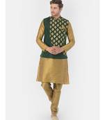 Printed Deep Green & Brown Color Dupion Silk Jacket with Kurta Set