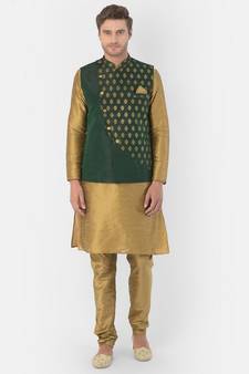 Printed Deep Green & Brown Color Dupion Silk Jacket with Kurta Set