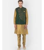 Printed Deep Green & Brown Color Dupion Silk Jacket with Kurta Set