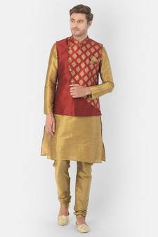 Printed Red & Brown Color Dupion Silk Jacket with Kurta Set
