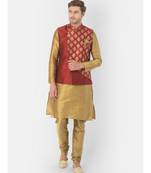 Printed Red & Brown Color Dupion Silk Jacket with Kurta Set