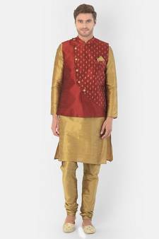 Printed Red & Brown Color Dupion Silk Jacket with Kurta Set