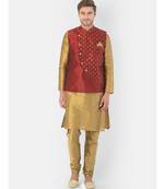Printed Red & Brown Color Dupion Silk Jacket with Kurta Set