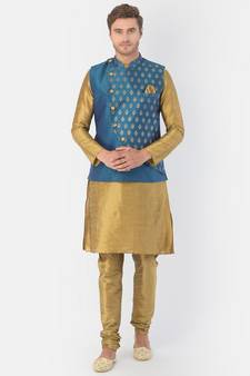Printed Blue & Brown Color Dupion Silk Jacket with Kurta Set