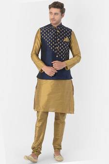 Printed Navy Blue & Brown Color Dupion Silk Jacket with Kurta Set