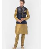 Printed Navy Blue & Brown Color Dupion Silk Jacket with Kurta Set