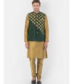 Printed Deep Green & Brown Color Dupion Silk Jacket with Kurta Set