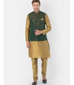 Printed Deep Green & Brown Color Dupion Silk Jacket with Kurta Set