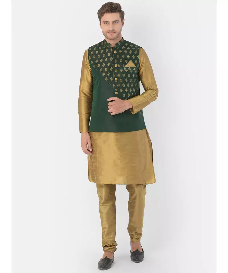 Printed Deep Green & Brown Color Dupion Silk Jacket with Kurta Set