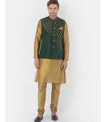 Printed Deep Green & Brown Color Dupion Silk Jacket with Kurta Set