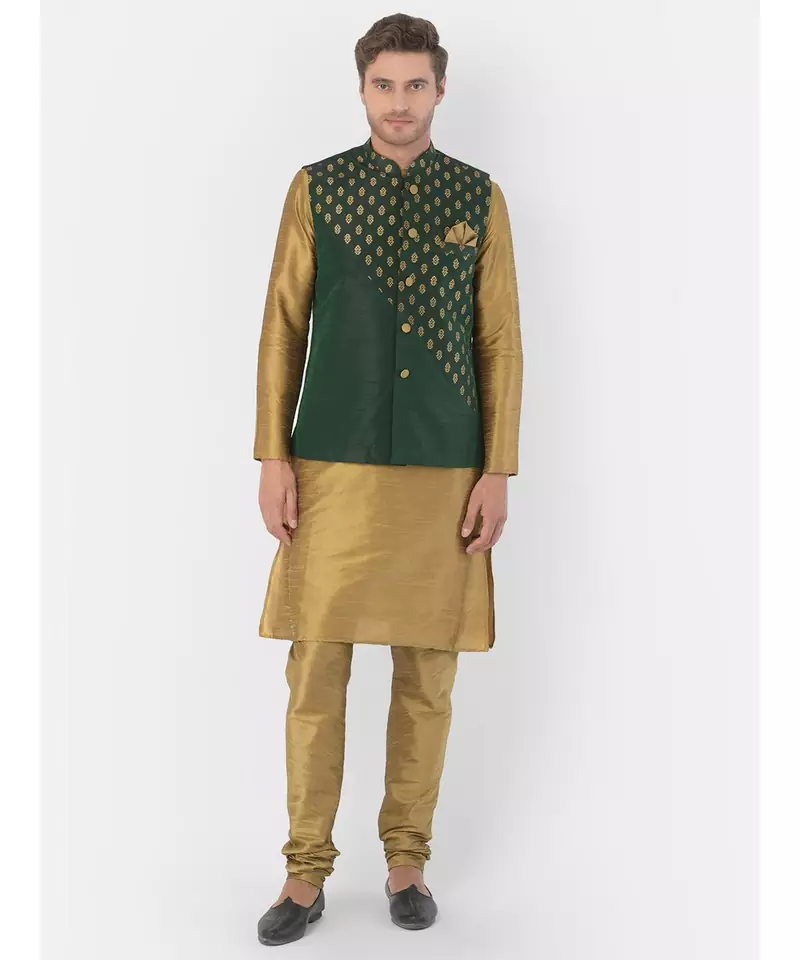 Printed Deep Green & Brown Color Dupion Silk Jacket with Kurta Set