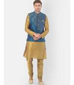 Printed Blue & Brown Color Dupion Silk Jacket with Kurta Set