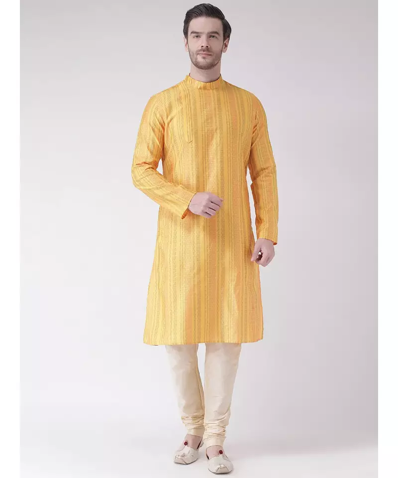 Yellow & Cream Color Jacquard Silk Kurta with Churidar set