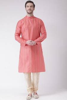 Coral Pink & Cream Color Jacquard Silk Kurta with Churidar set