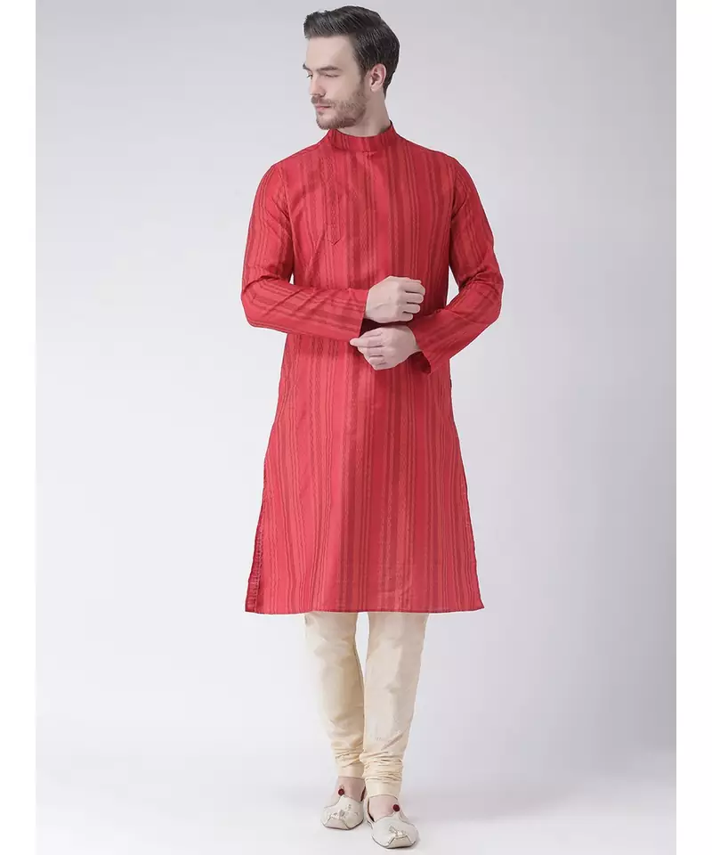 Red & Cream Color Jacquard Silk Kurta with Churidar set