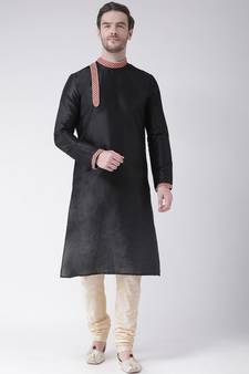 Black & Cream Color Dupion Silk Kurta with Churidar set