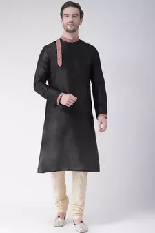 Black & Cream Color Dupion Silk Kurta with Churidar set
