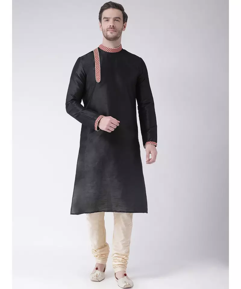 Black & Cream Color Dupion Silk Kurta with Churidar set