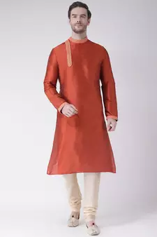 Orange & Cream Color Dupion Silk Kurta with Churidar set