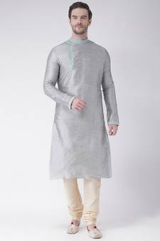 Silver & Cream Color Dupion Silk Kurta with Churidar set