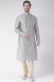 Silver & Cream Color Dupion Silk Kurta with Churidar set