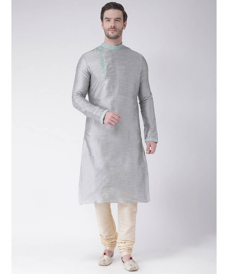 Silver & Cream Color Dupion Silk Kurta with Churidar set