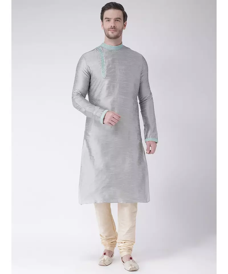 Silver & Cream Color Dupion Silk Kurta with Churidar set