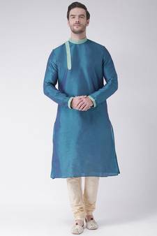 Blue & Cream Color Dupion Silk Kurta with Churidar set