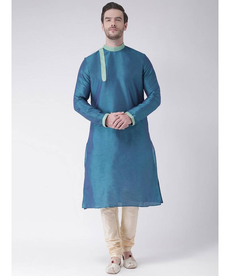 Blue & Cream Color Dupion Silk Kurta with Churidar set