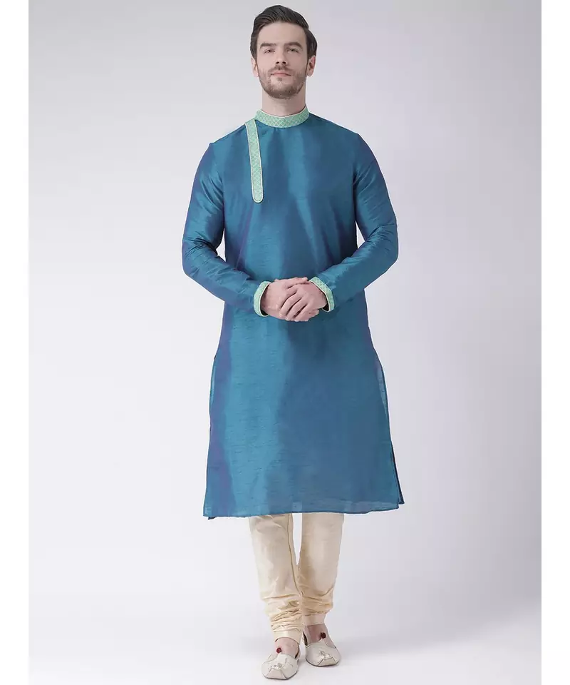 Blue & Cream Color Dupion Silk Kurta with Churidar set
