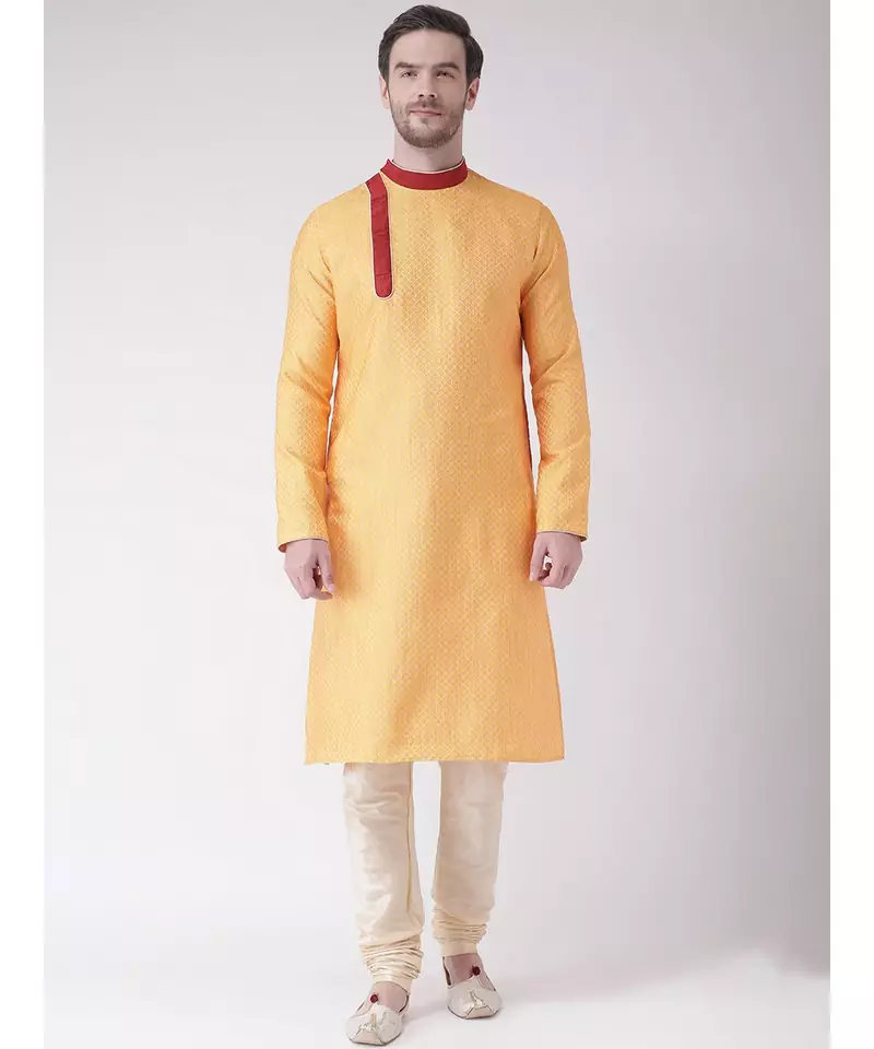 Yellow & Cream Color Jacquard Silk Kurta with Churidar set