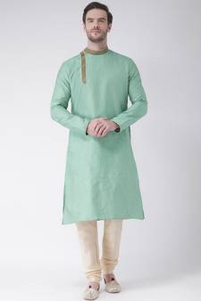 Green & Cream Color Jacquard Silk Kurta with Churidar set