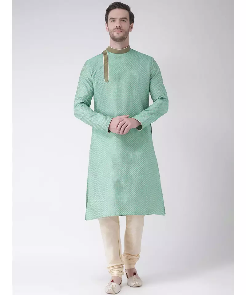 Green & Cream Color Jacquard Silk Kurta with Churidar set