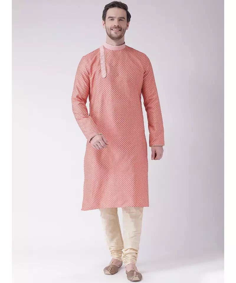 Peach & Cream Color Jacquard Silk Kurta with Churidar set