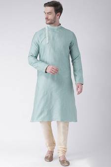 Blue & Cream Color Jacquard Silk Kurta with Churidar set