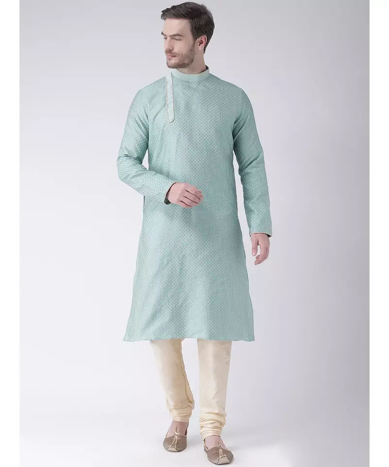 Blue & Cream Color Jacquard Silk Kurta with Churidar set