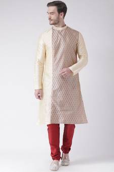 Cream & Red Color Dupion Silk Kurta with Churidar set