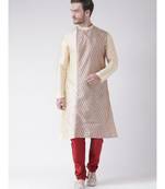Cream & Red Color Dupion Silk Kurta with Churidar set