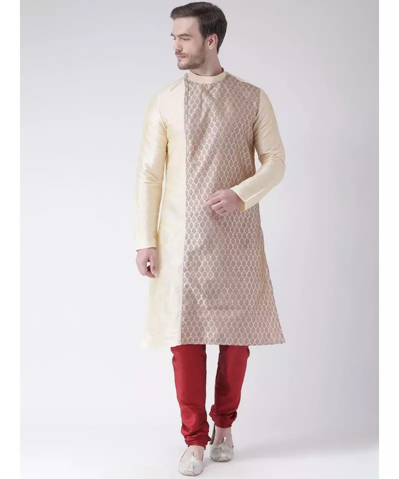 Cream & Red Color Dupion Silk Kurta with Churidar set