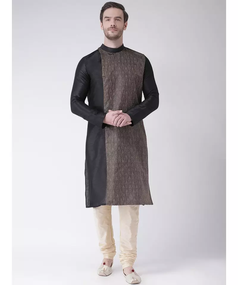Black & Cream Color Dupion Silk Kurta with Churidar set